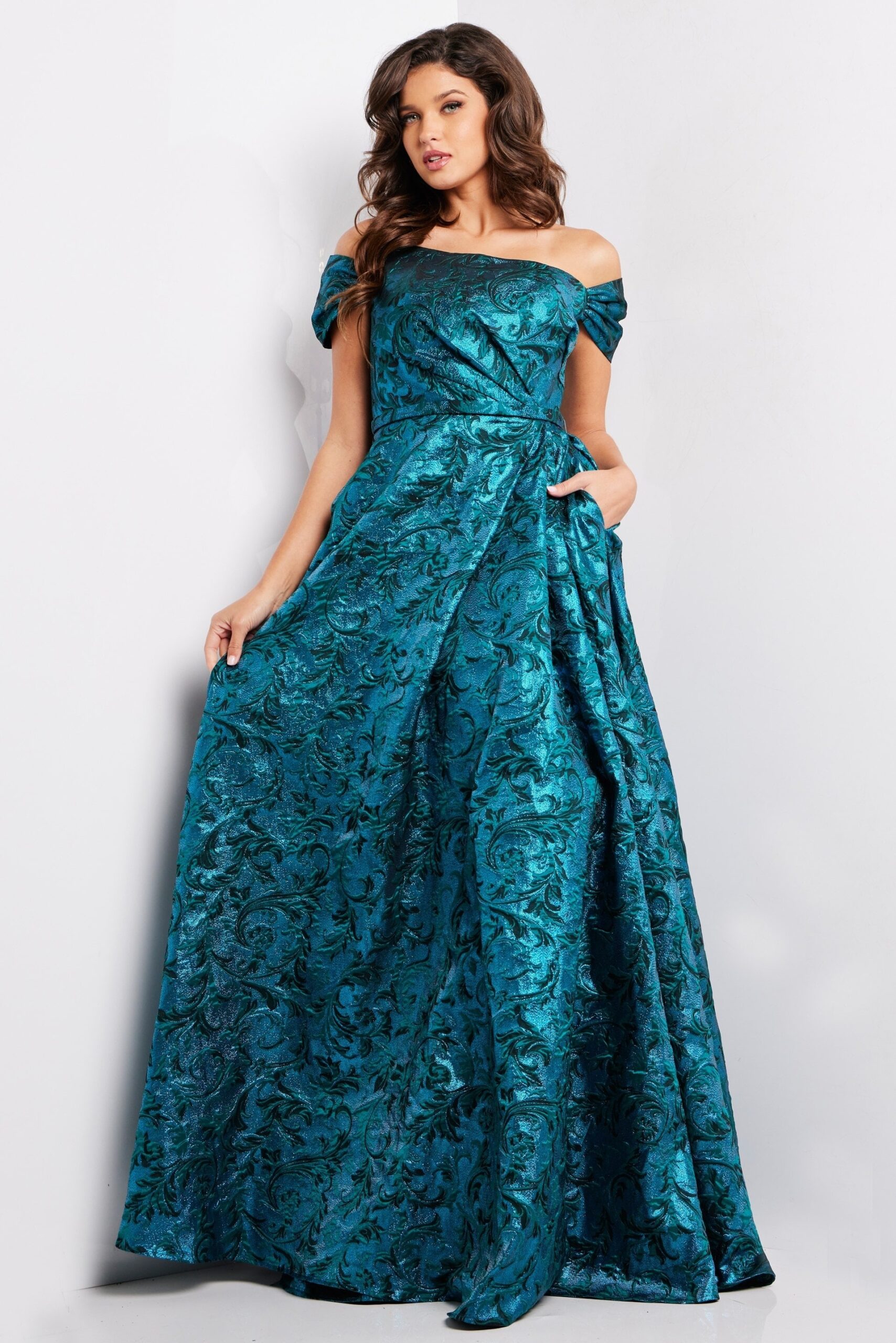 Peacock Teal A Line Off the Shoulder Dress 25665 | Jovani