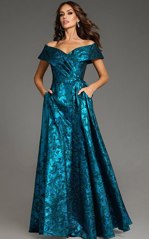Model wearing Jovani 25666 blue gown with off-the-shoulder neckline