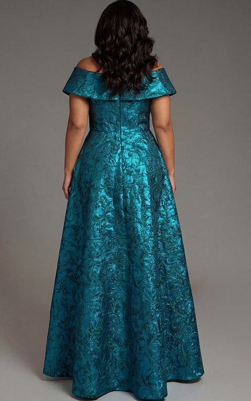 Elegant off shoulder teal brocade gown back view