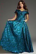 Model displaying Jovani 25666 with a floral blue pattern