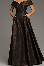 25666 bronze color off the shoulder mob dress