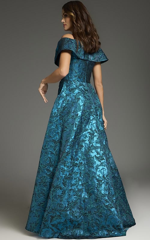Back view of Jovani 25666 blue off-the-shoulder dress
