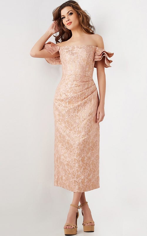 Model wearing Jovani 25667 pink off-the-shoulder midi dress with ruffled sleeves in a front view.