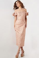 Model wearing Jovani 25667 pink off-the-shoulder midi dress with ruffled sleeves, showcasing the elegant design.