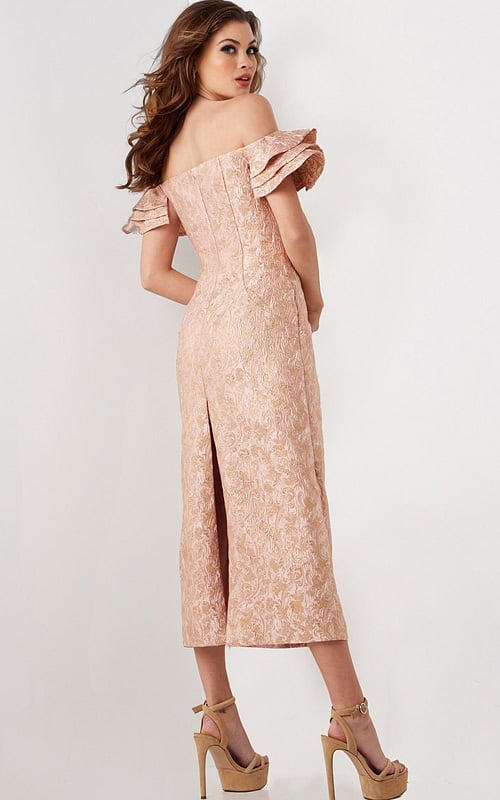 Back view of model wearing Jovani 25667 pink dress, highlighting the intricate back design.