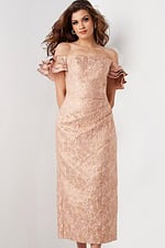 Close-up front view of model wearing Jovani 25667 pink off-the-shoulder midi dress with ruffled sleeves.