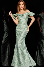 Model wearing Jovani 25674 off-the-shoulder mint dress front view