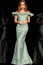 Model wearing Jovani 25674 mint mermaid dress full front view
