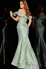 Model wearing Jovani 25674 mint dress back view