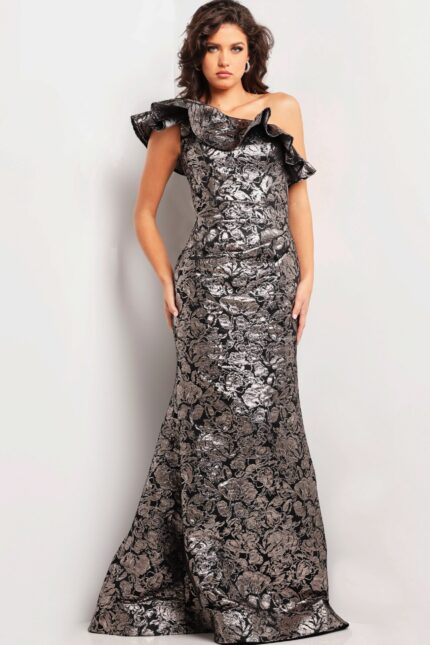 Model wearing Jovani 25676 gray one-shoulder gown front view with ruffle detail.
