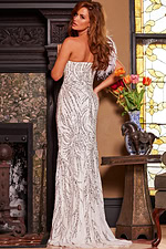 Back view of Jovani 25690 white dress emphasizing its fitted silhouette.