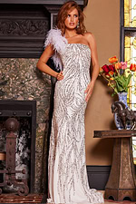 Model wearing Jovani 25690 stunning white gown with sequins and feathered shoulder detail front view.