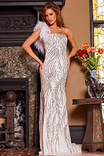 Front view of Jovani 25690 white dress showcasing ornate sequin design.