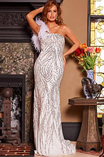 Model in Jovani 25690 white dress with one-shoulder feather for added style.