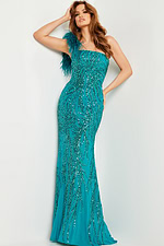 Jovani 25690 blue dress front view with elegant sequin pattern.