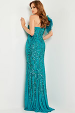 Back view of model wearing Jovani 25690 blue dress with sequin detail.