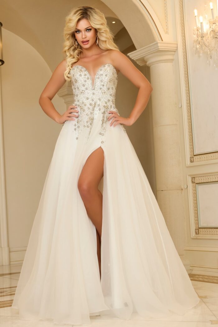 Model wearing Jovani 25691 white evening gown, front view with sweetheart neckline and embellishments.