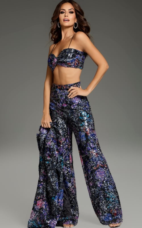 Model wearing Jovani 25750 multi-colored sequin crop top and wide-leg pants
