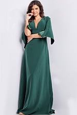Front view of Jovani 25754 green gown with V-neckline and unique cape sleeves.