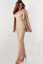 Model wearing Jovani 25773 beige sequin set with open blazer, front view.
