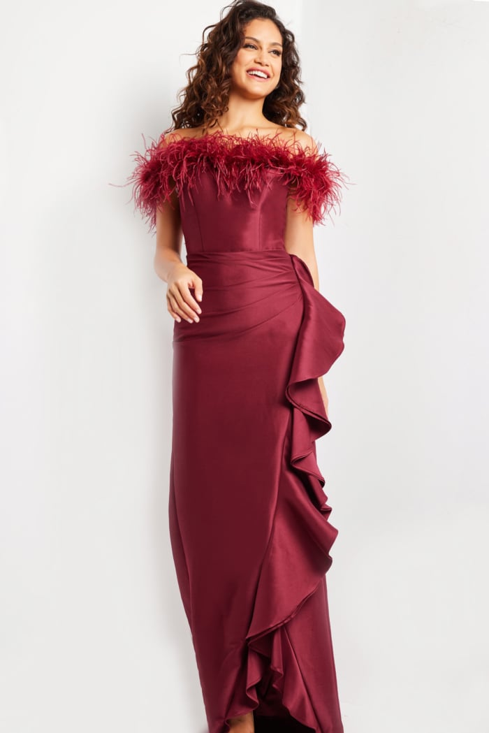 burgundy dress with feathers Off the Shoulder Feather Neckline 25786 Mermaid