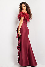 Back view of Jovani 25786 gown with feather neckline and ruffle details.