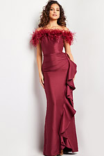 Front view of Jovani 25786 burgundy gown with feather and ruffle design.