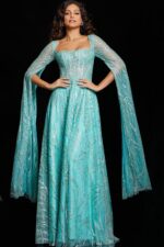Front view of Jovani 25811 mint green dress highlighting A-line silhouette and elegant design.