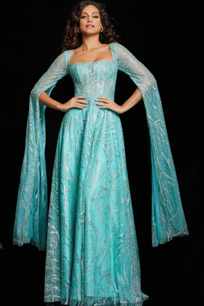 Front view of Jovani 25811 mint green dress highlighting A-line silhouette and elegant design.