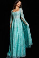 Close-up of Jovani 25811 mint green dress showing square neckline and detailed beading.
