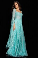 Side view of Jovani 25811 mint green dress with long sleeves and A-line silhouette.
