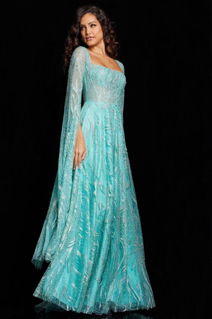 Side view of Jovani 25811 mint green dress with long sleeves and A-line silhouette.