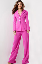 Model wearing Jovani 25834 pink blazer and wide-leg trousers, front view
