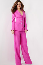 Model wearing Jovani 25834 pink blazer and wide-leg trousers, full front view