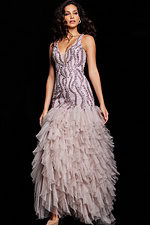 Front view of model in Jovani 25853 blush gown featuring deep V-neckline and mermaid silhouette.