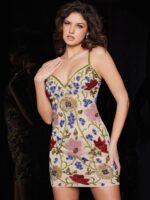 Model wearing Jovani 25855 multi-color floral mini dress with sweetheart neckline, front view.