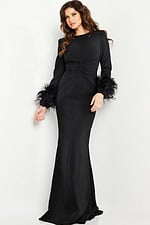 Model wearing Jovani 25898 black gown with elegant feathered cuffs, front view.