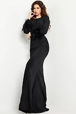 Model wearing Jovani 25898 black dress, side front view.