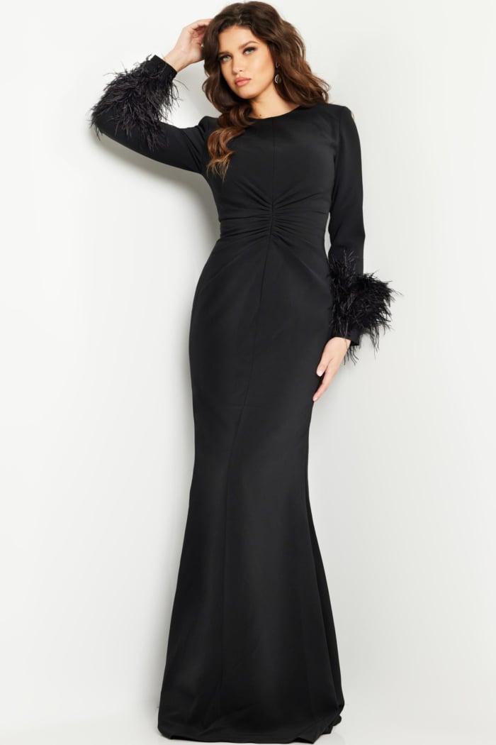 Model wearing Jovani 25898 black gown with crew neckline, straight-on view.