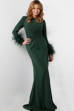 Model wearing Jovani 25898 green dress, front view.