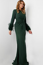 Elegant front pose of model in Jovani 25898 green dress.