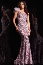 Front view of Jovani 25901 pink one-shoulder dress with floral embroidery