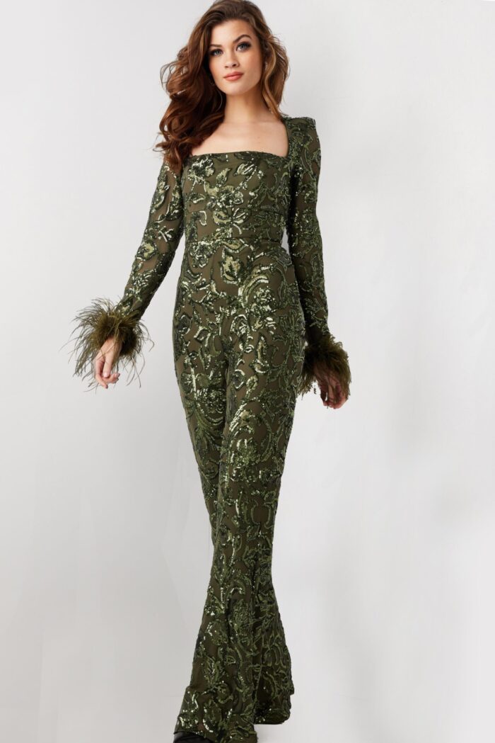 Model wearing Jovani 25904, a full-length jumpsuit with sequin details