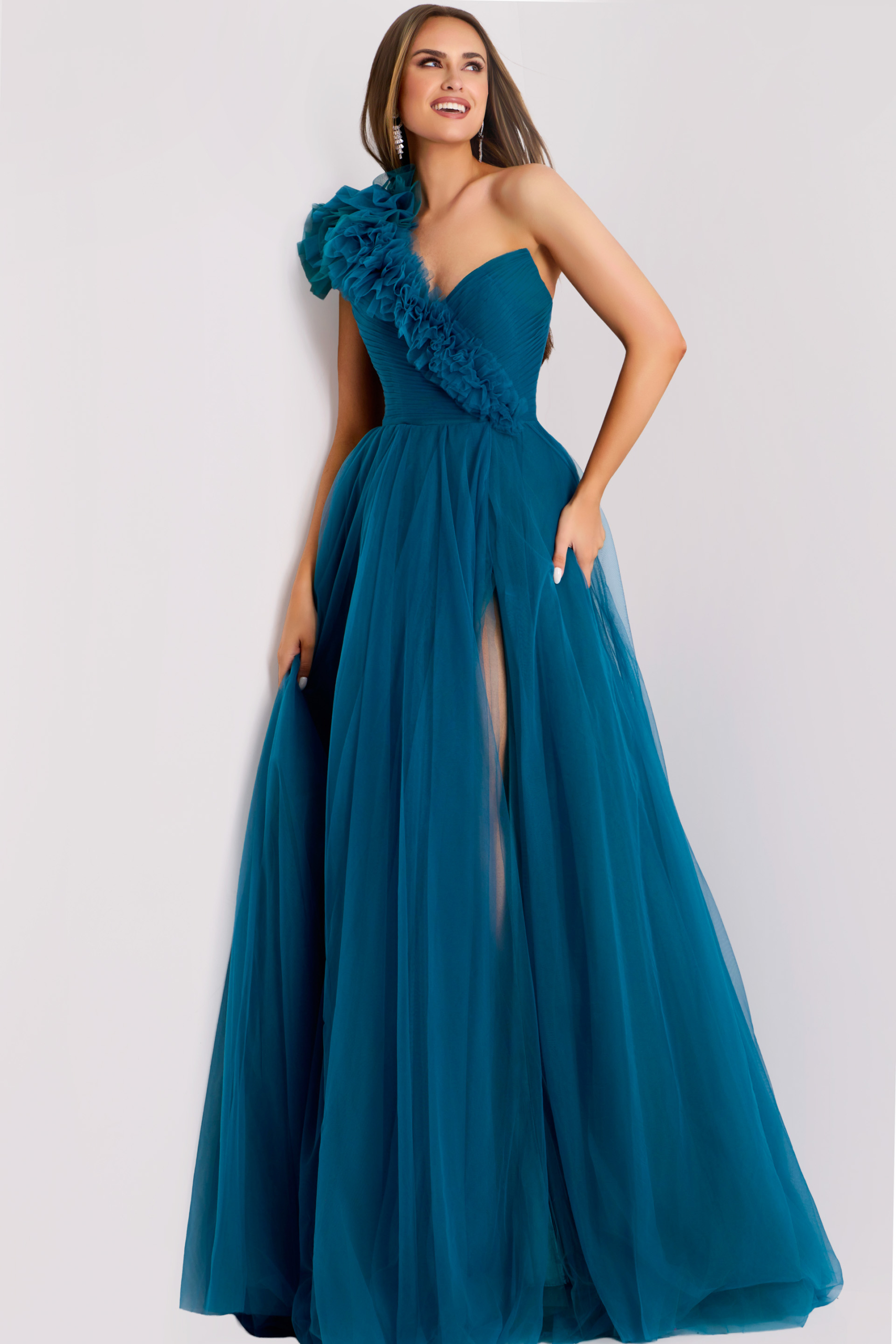 Tulle Gown with Ruffle Detail and Slit 25919 | Jovani
