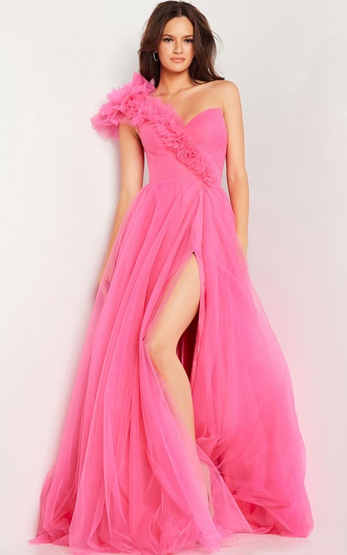 Model wearing Jovani 25919 pink gown, front view