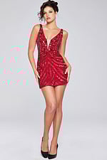 Model wearing Jovani 25925 in purple with detailed beadwork, back view.