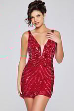Model wearing Jovani 25925 in red with intricate beadwork and V-neckline, full-length front view.