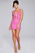 Model wearing Jovani 25925 in red with detailed beadwork, back view.