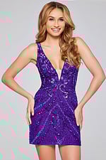 Model wearing Jovani 25925 in purple with detailed beadwork, full-length front view.