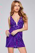 Model wearing Jovani 25925 in purple with detailed beadwork and V-neckline, front view.